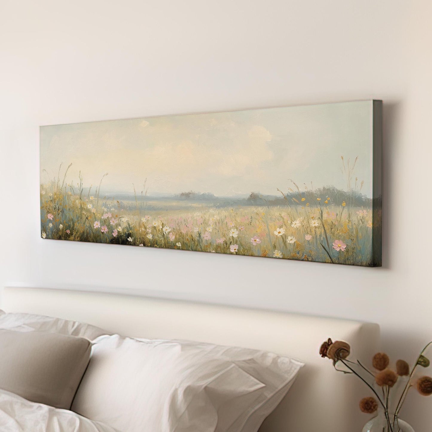 Pink Flowers on Spring Meadow Panoramic Wildflower Field, Minimal Muted Landscape Canvas Print, English Countryside Printed Canvas Art