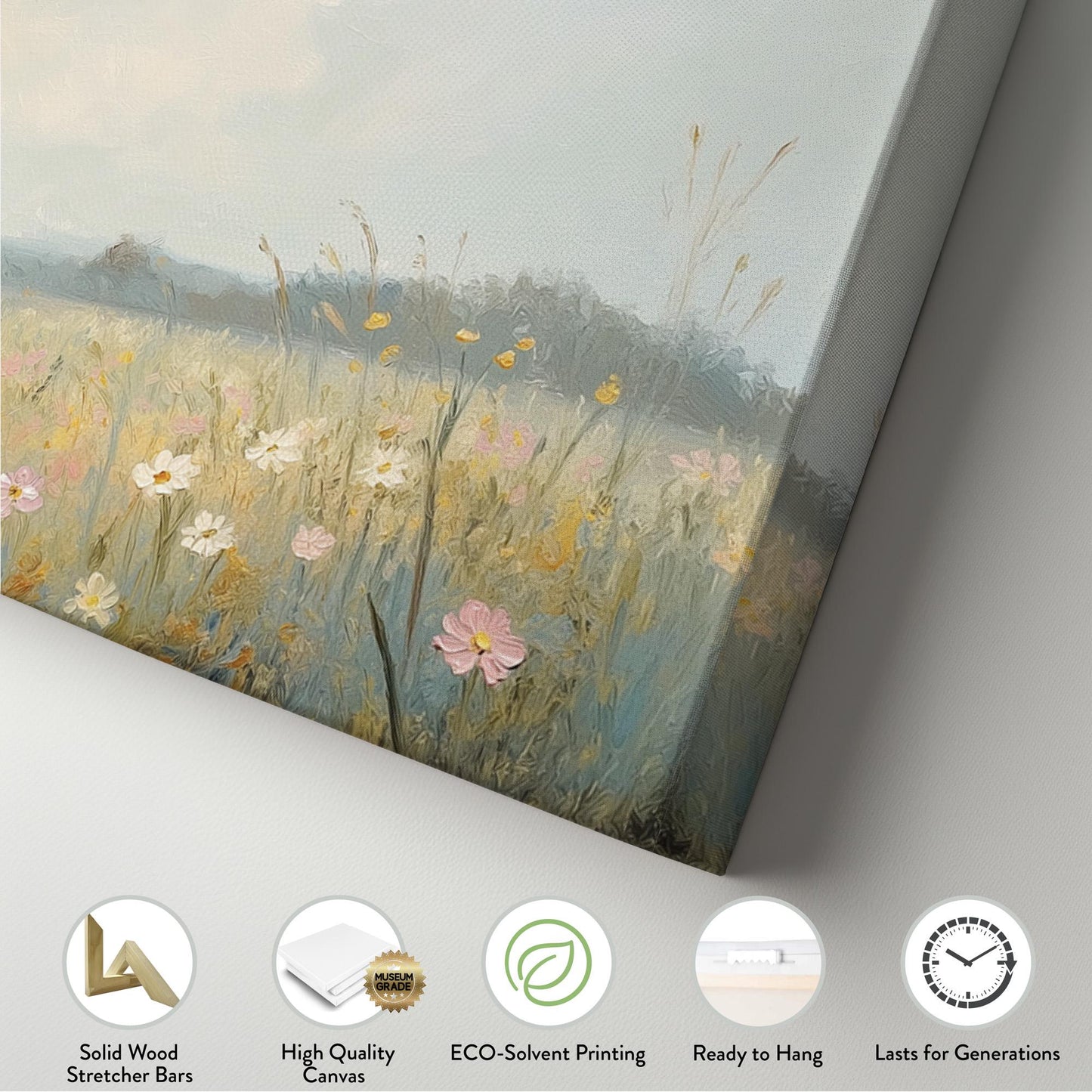 Pink Flowers on Spring Meadow Panoramic Wildflower Field, Minimal Muted Landscape Canvas Print, English Countryside Printed Canvas Art