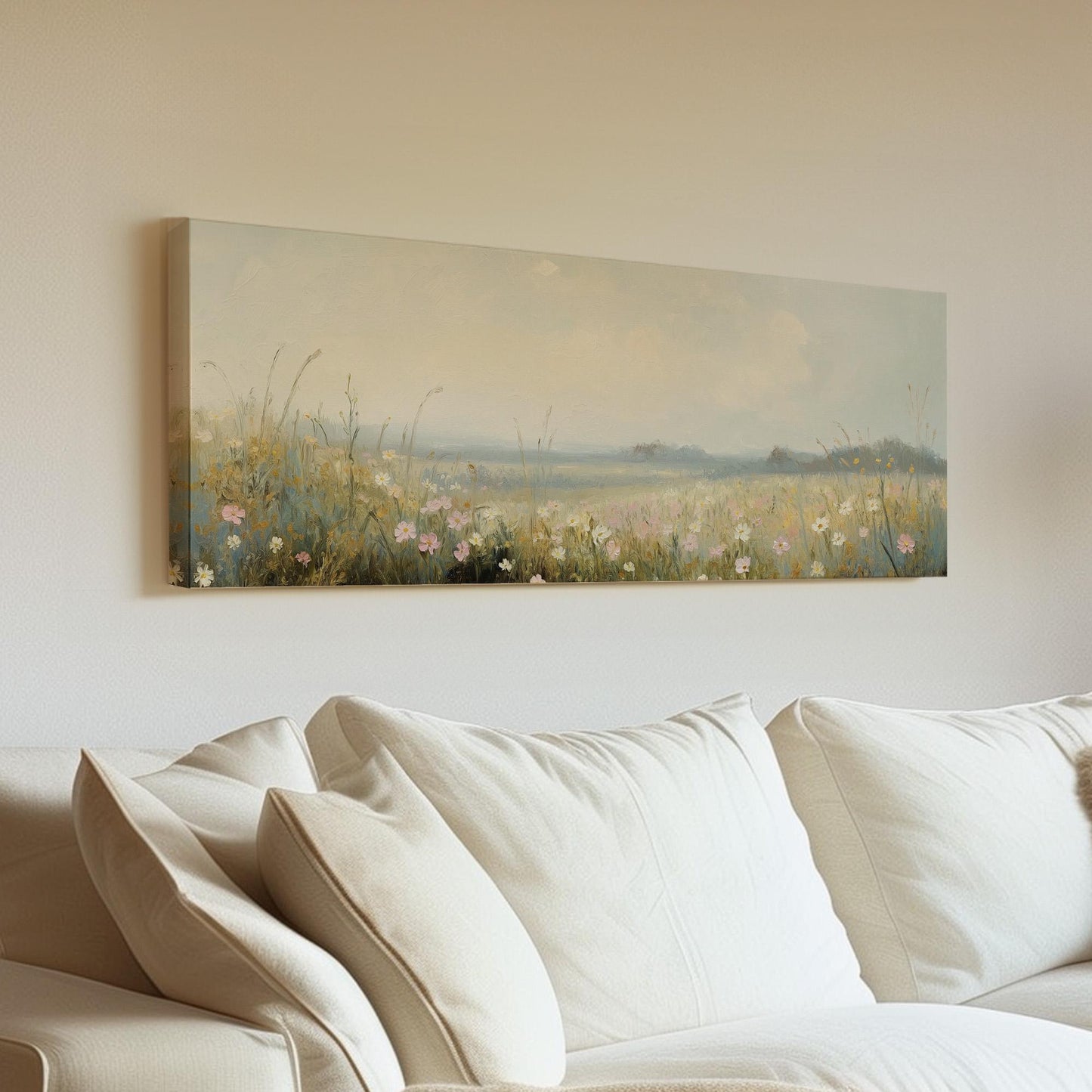 Pink Flowers on Spring Meadow Panoramic Wildflower Field, Minimal Muted Landscape Canvas Print, English Countryside Printed Canvas Art