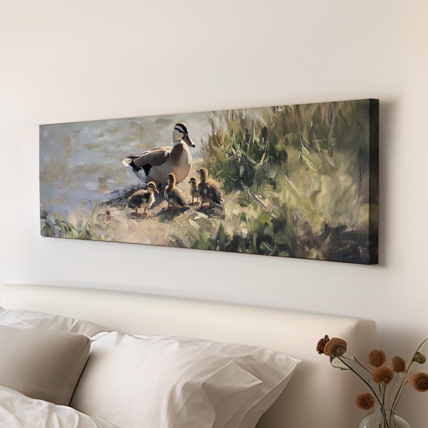 Pond Life Panoramic Ducklings in Water, Minimal Vintage Nature Canvas Print, Folk Art Printed Canvas Art