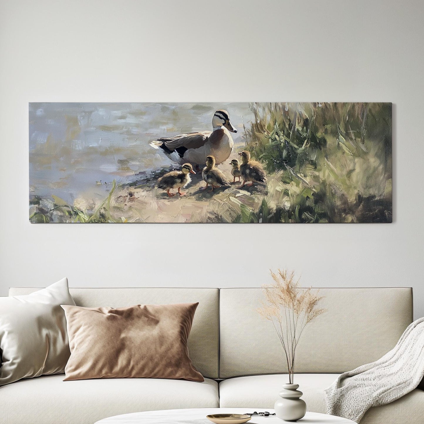 Pond Life Panoramic Ducklings in Water, Minimal Vintage Nature Canvas Print, Folk Art Printed Canvas Art