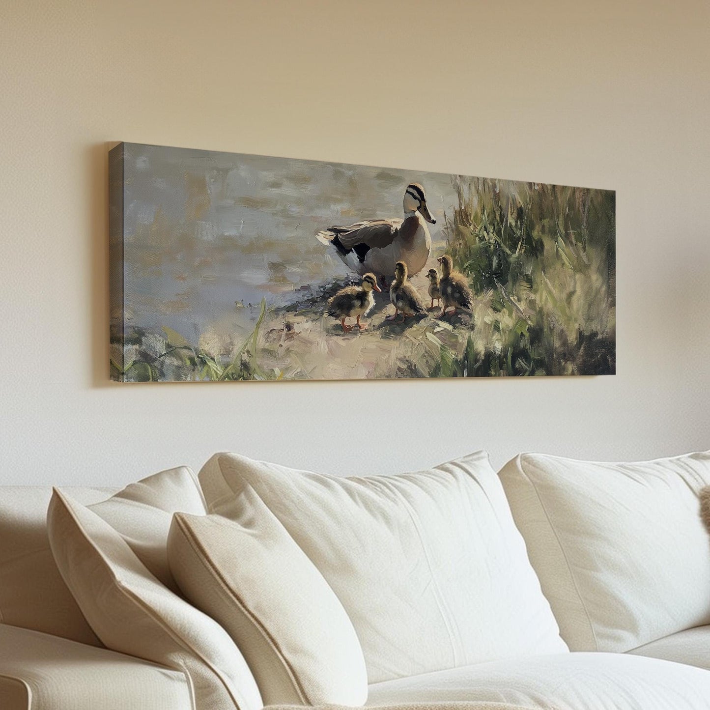Pond Life Panoramic Ducklings in Water, Minimal Vintage Nature Canvas Print, Folk Art Printed Canvas Art