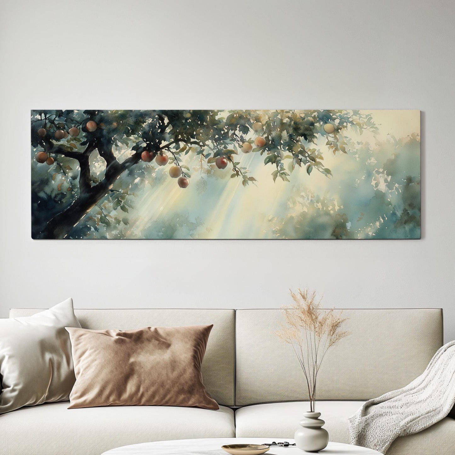 Spring Apple Tree Panoramic Magical Lights, Minimal Farmhouse Country Canvas Print, Nature Bloom Printed Canvas Art
