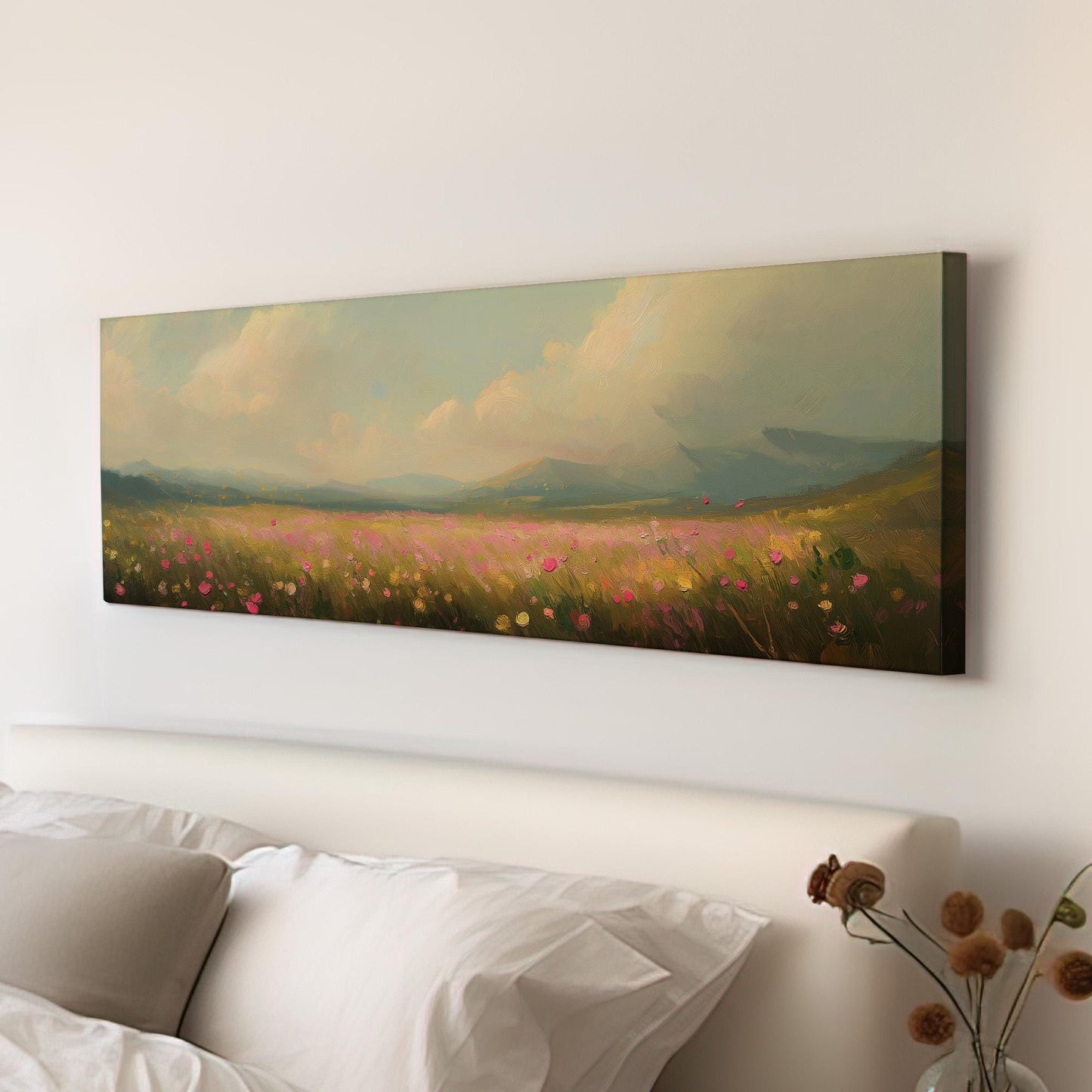 Spring Meadow in front of the Mountains Panoramic Wildflower Field, Minimal Muted Landscape Canvas, English Countryside Printed Canvas Art