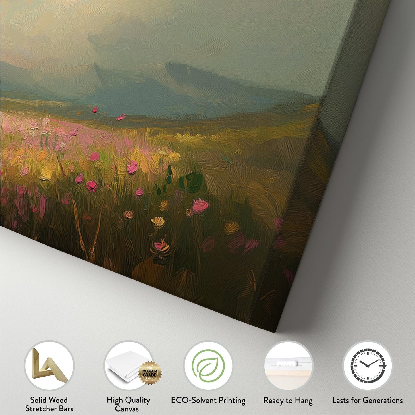 Spring Meadow in front of the Mountains Panoramic Wildflower Field, Minimal Muted Landscape Canvas, English Countryside Printed Canvas Art