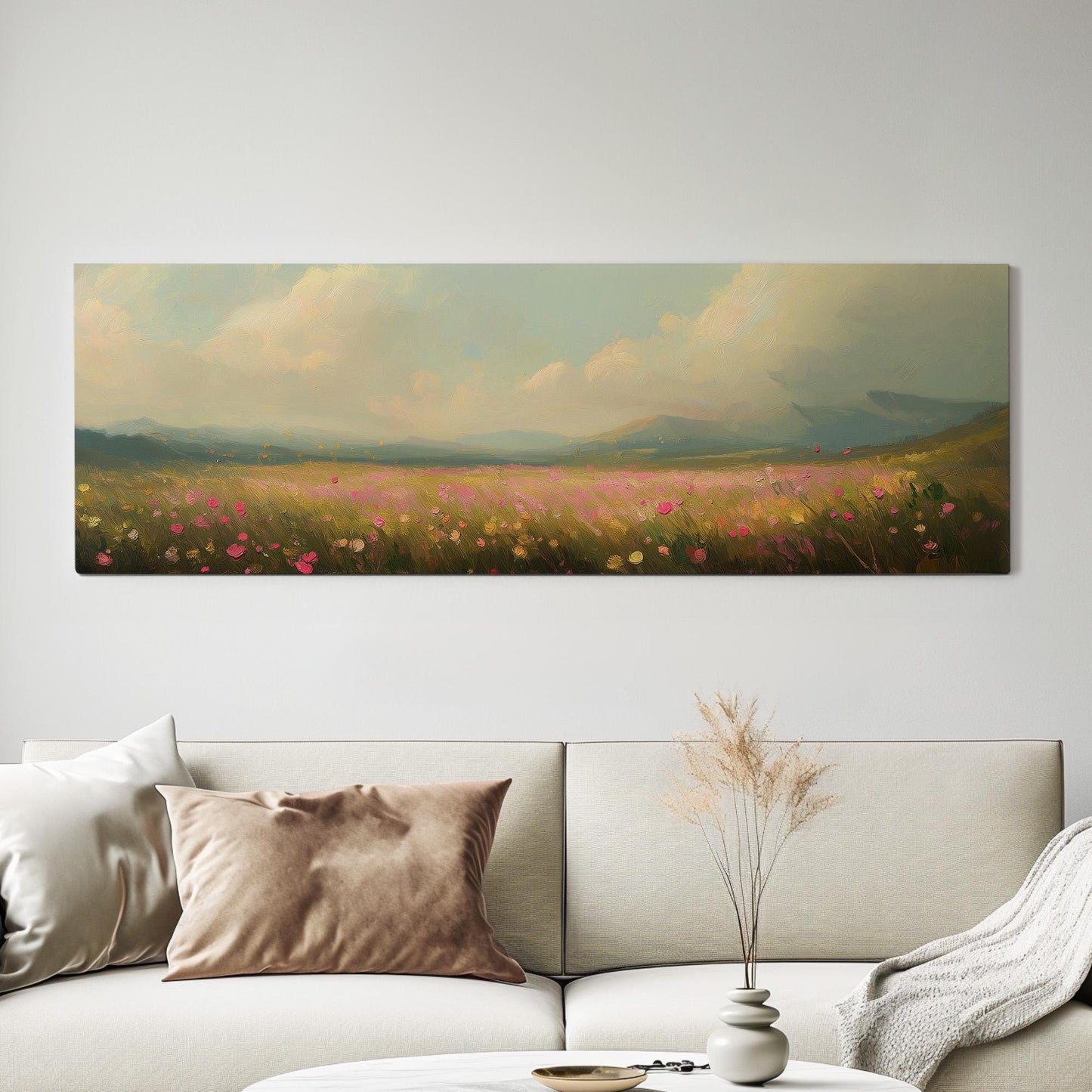 Spring Meadow in front of the Mountains Panoramic Wildflower Field, Minimal Muted Landscape Canvas, English Countryside Printed Canvas Art