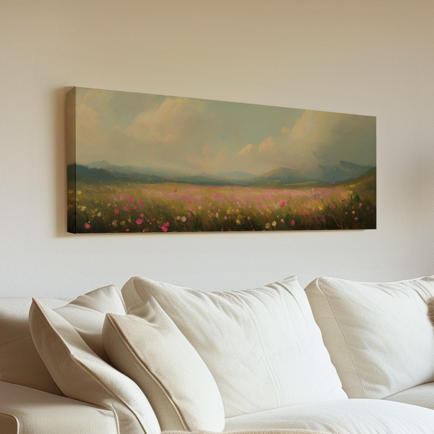 Spring Meadow in front of the Mountains Panoramic Wildflower Field, Minimal Muted Landscape Canvas, English Countryside Printed Canvas Art