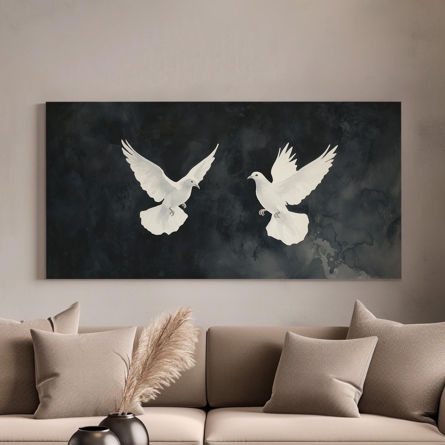 Dove Couple Lanscape Peaceful Night, 2x1 Flying Bird Canvas Print, Nature Calm 20x60 Canvas Art