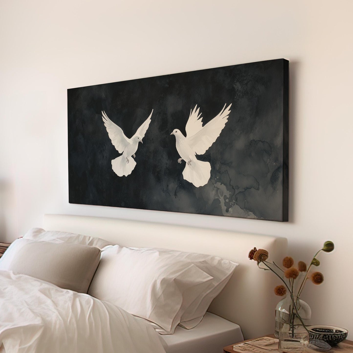 Dove Couple Lanscape Peaceful Night, 2x1 Flying Bird Canvas Print, Nature Calm 20x60 Canvas Art