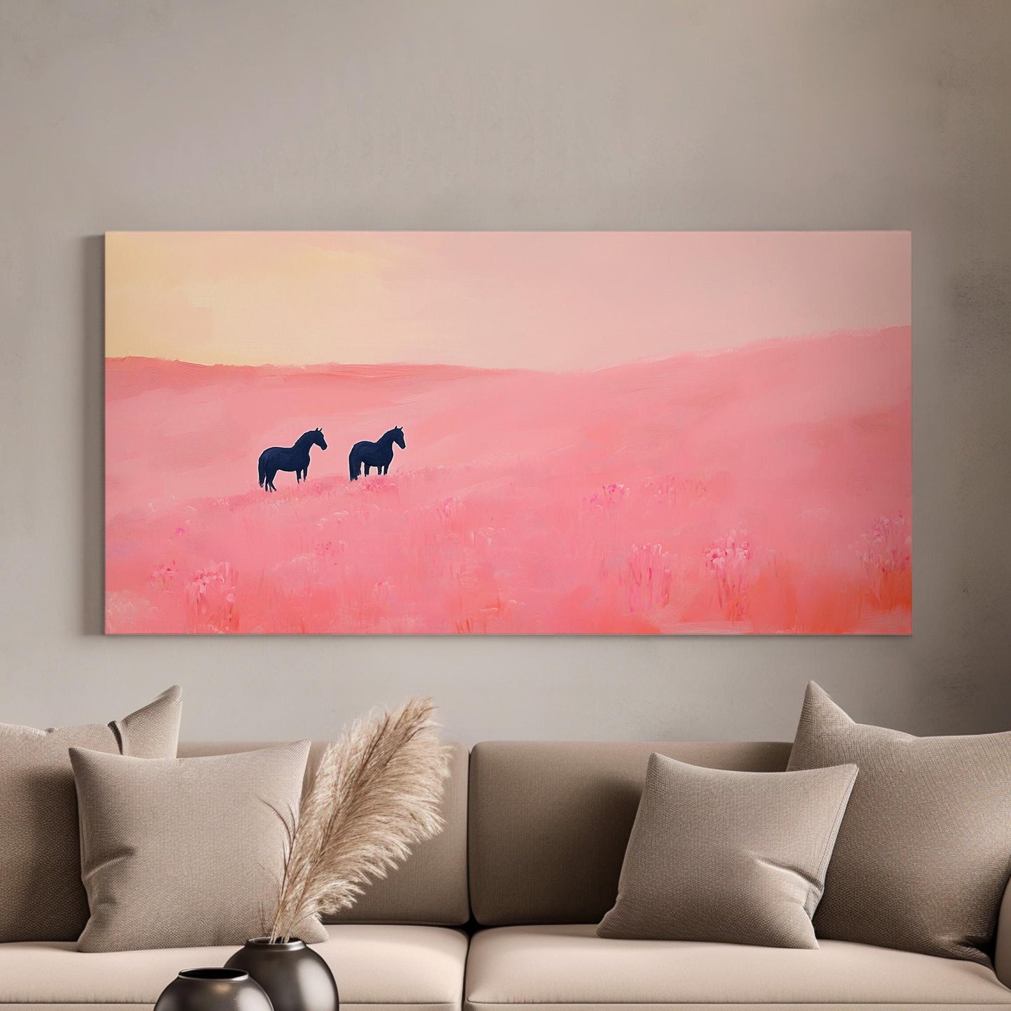 Horses With Pink Wildflowers Lanscape Western Country, 2x1 Farmhouse Equestrian Canvas Print, Wild Nature 20x60 Canvas Art