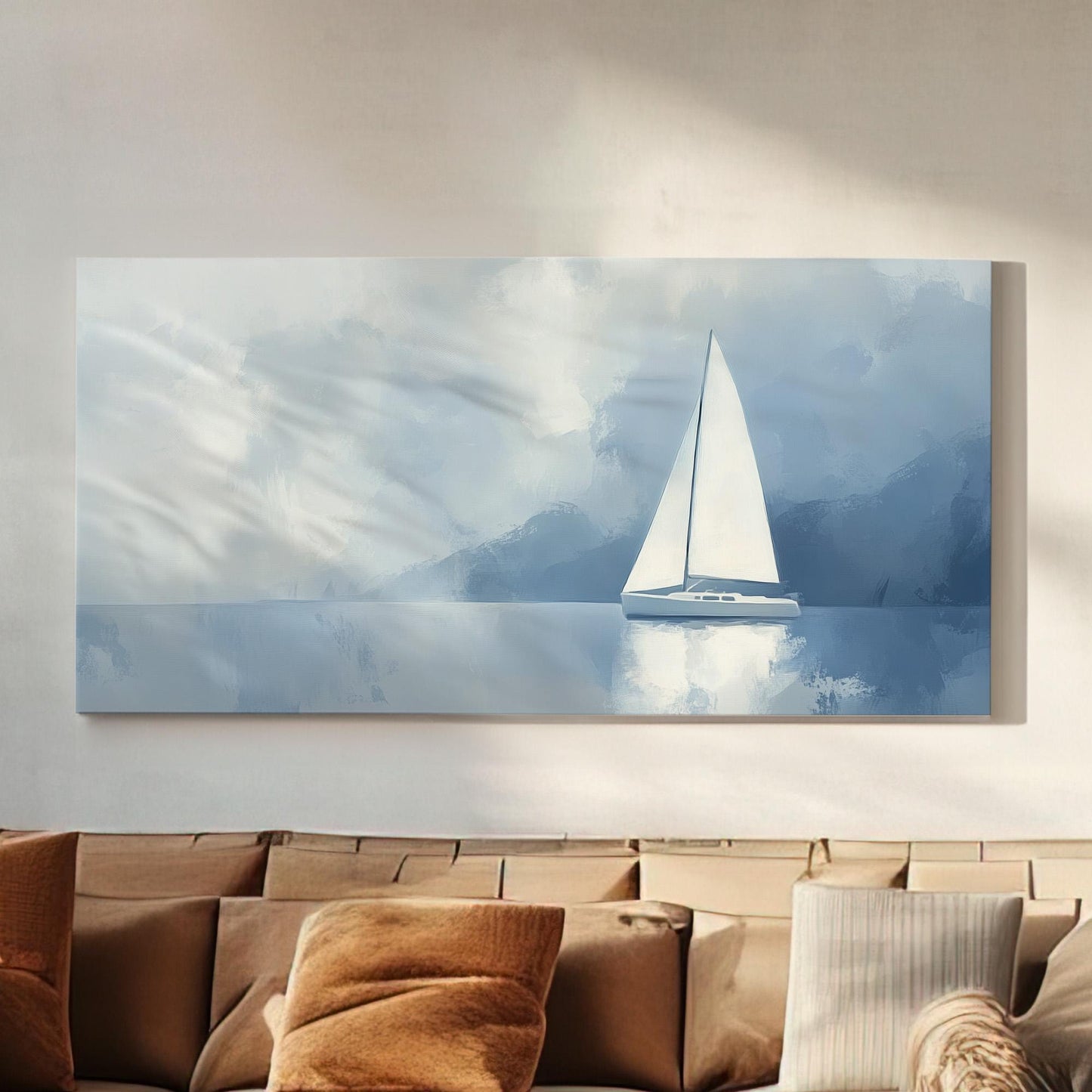 Moody Morning Sailing Lanscape Sailboat Nautical, 2x1 Rustic Sea Canvas Print, Maritime Calm 20x60 Canvas Art
