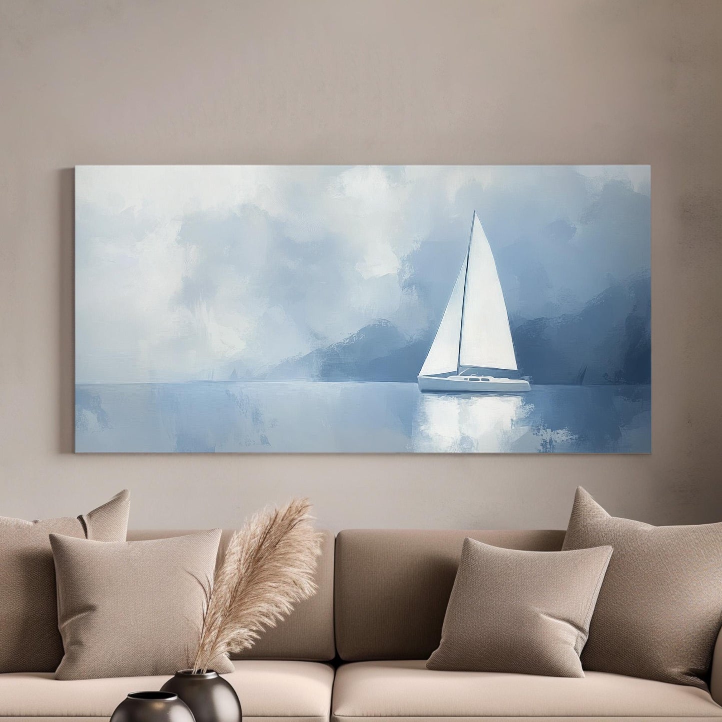 Moody Morning Sailing Lanscape Sailboat Nautical, 2x1 Rustic Sea Canvas Print, Maritime Calm 20x60 Canvas Art
