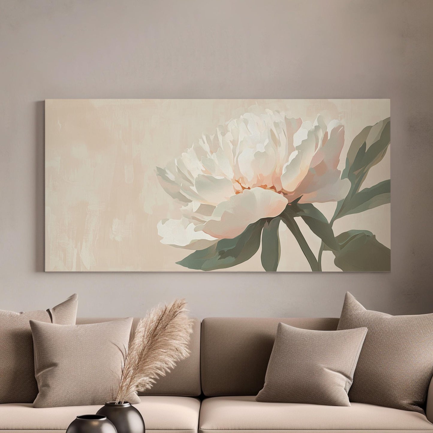 Moody Pink Peony Lanscape Abstract Peony, 2x1 Floral Charm Canvas Print, Rustic Farmhouse 20x60 Canvas Art