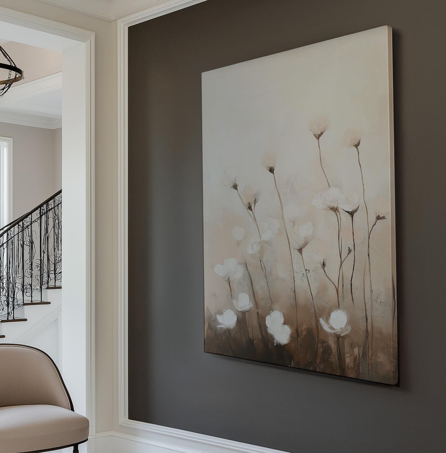 Abstract Beige Flowers Vertical Wildflower Field, Vintage Muted Landscape Canvas Print, Spring Countryside Printed Canvas Art