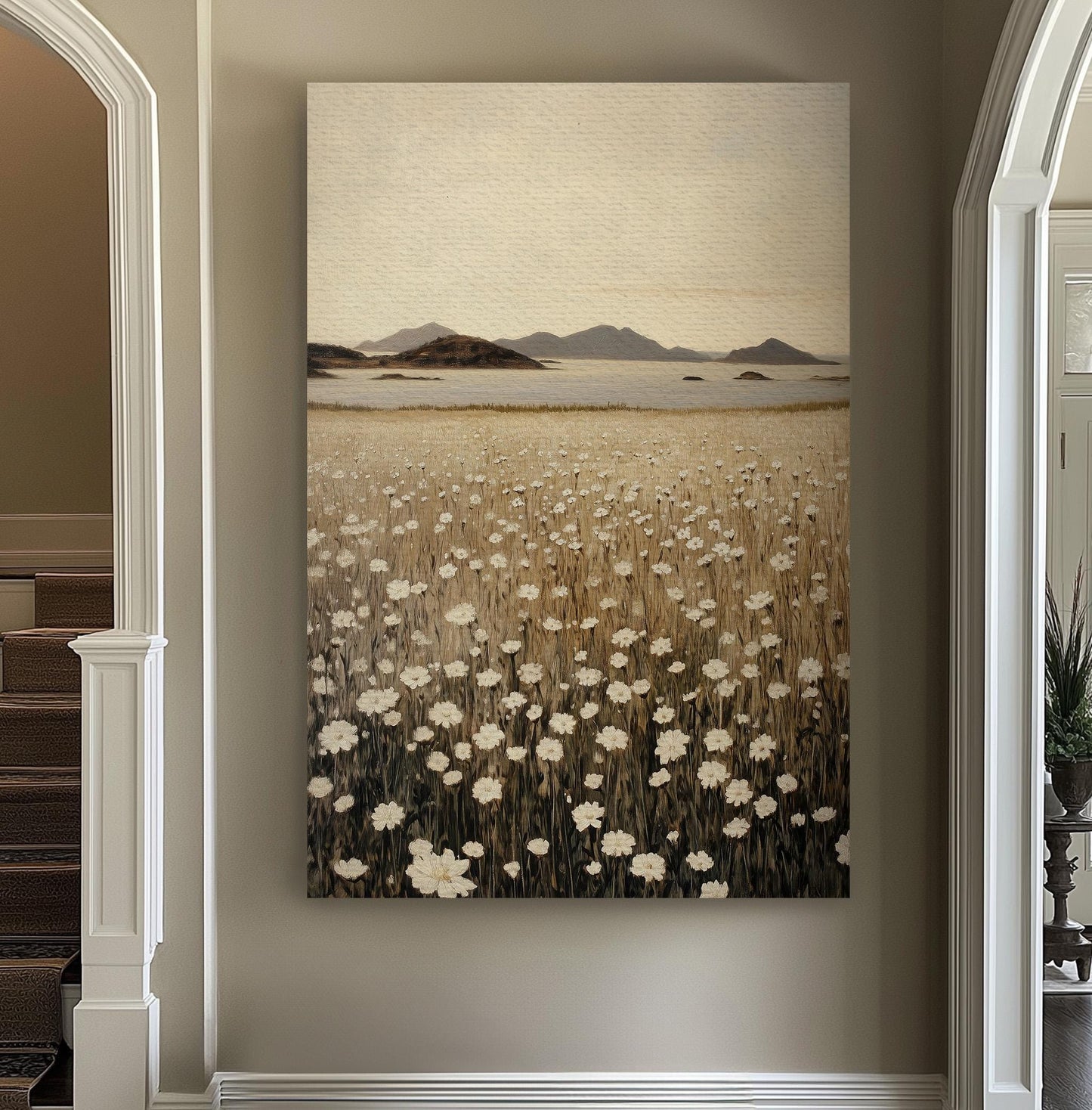 Coastal White Flower Field Vertical Floral Lakeside, Vintage Spring Vibes Canvas Print, Farmhouse Printed Canvas Art
