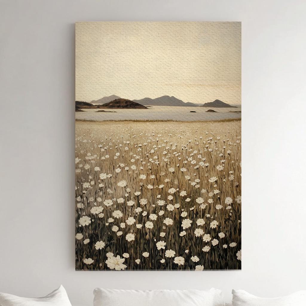 Coastal White Flower Field Vertical Floral Lakeside, Vintage Spring Vibes Canvas Print, Farmhouse Printed Canvas Art