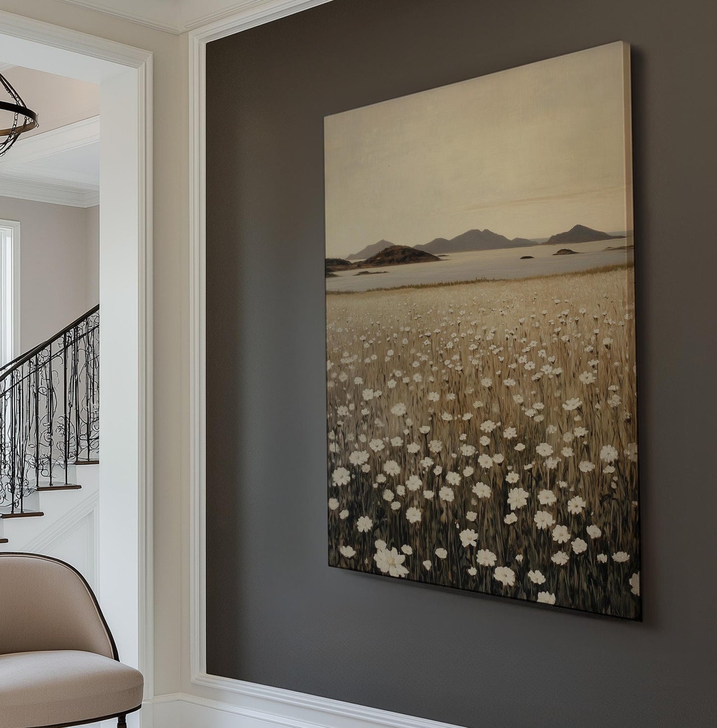 Coastal White Flower Field Vertical Floral Lakeside, Vintage Spring Vibes Canvas Print, Farmhouse Printed Canvas Art