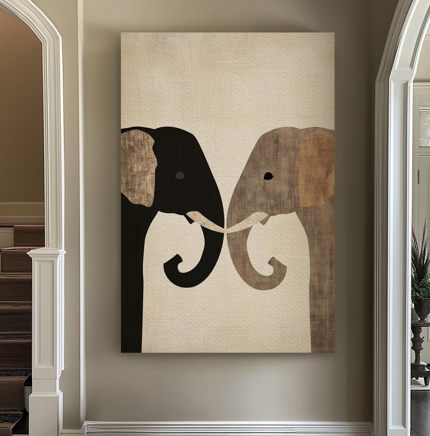Cute Elephant Couple Vertical African Elephant, Vintage Animal Lover Canvas Print, Boho Japandi Printed Canvas Art