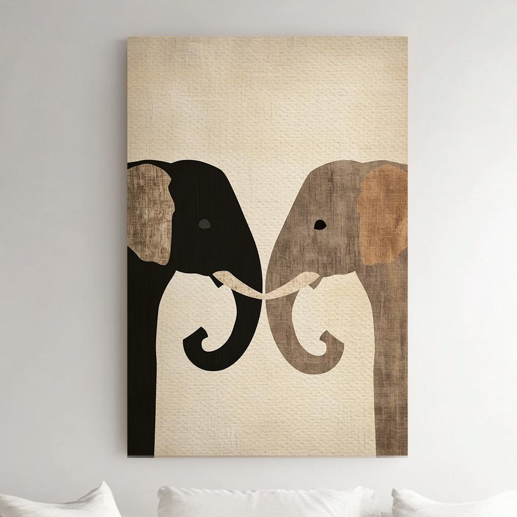 Cute Elephant Couple Vertical African Elephant, Vintage Animal Lover Canvas Print, Boho Japandi Printed Canvas Art