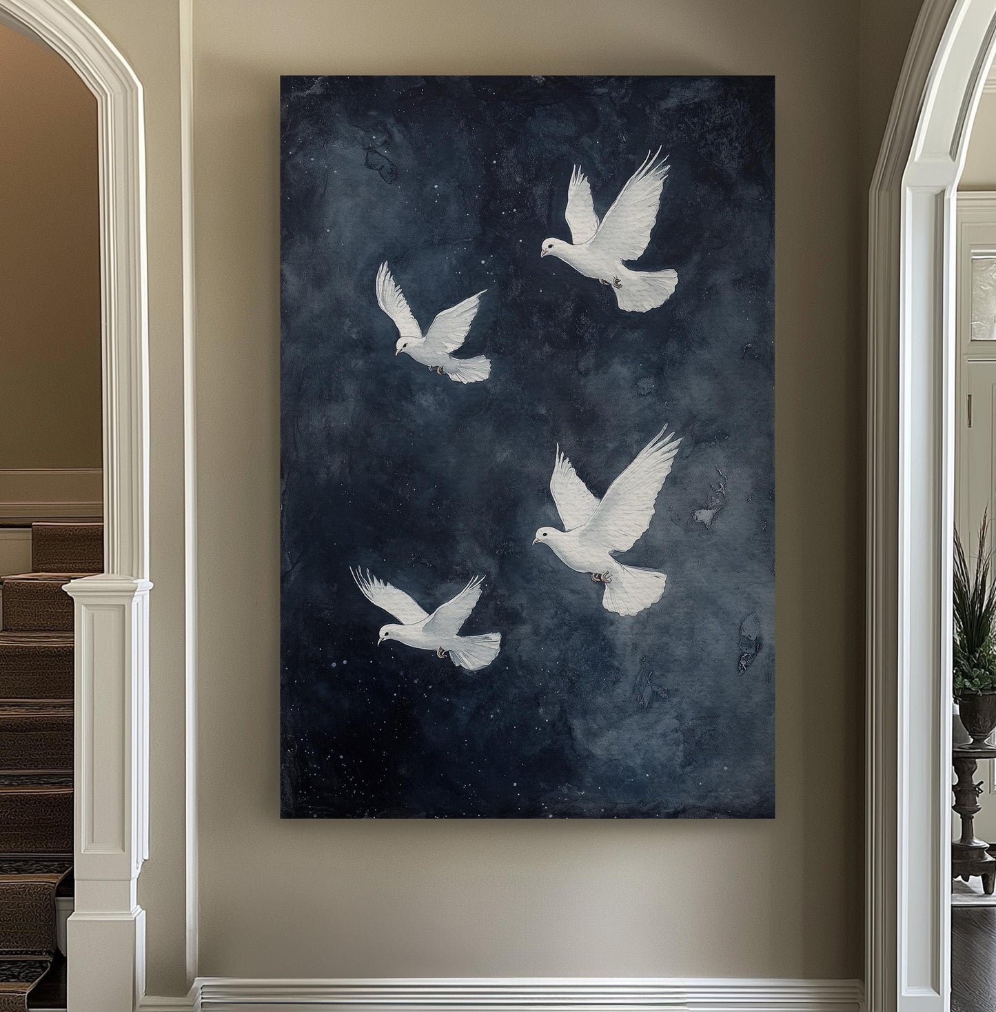 Flock of White Doves Vertical Peaceful Night, Vintage Flying Bird Canvas Print, Nature Calm Printed Canvas Art