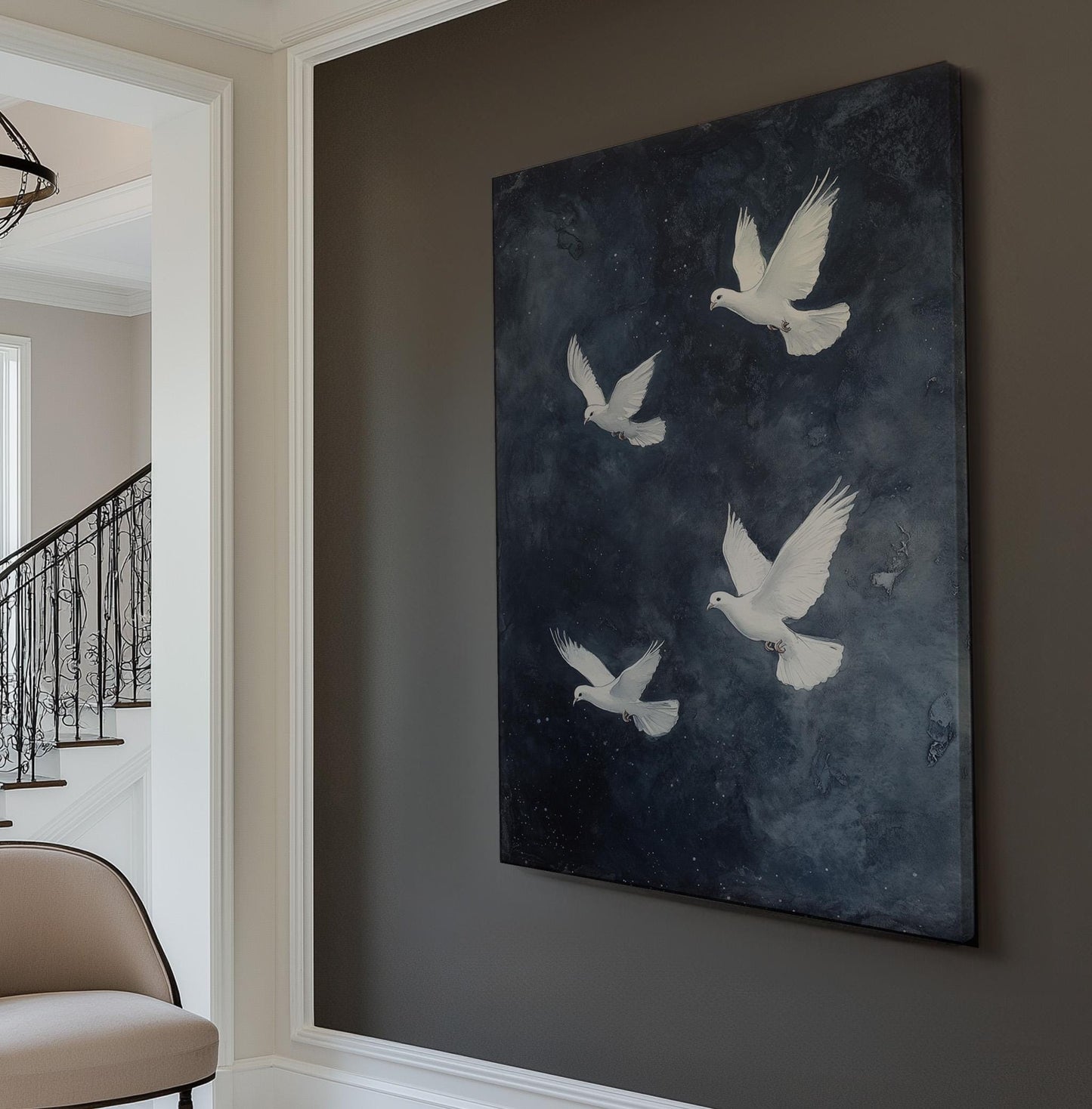 Flock of White Doves Vertical Peaceful Night, Vintage Flying Bird Canvas Print, Nature Calm Printed Canvas Art