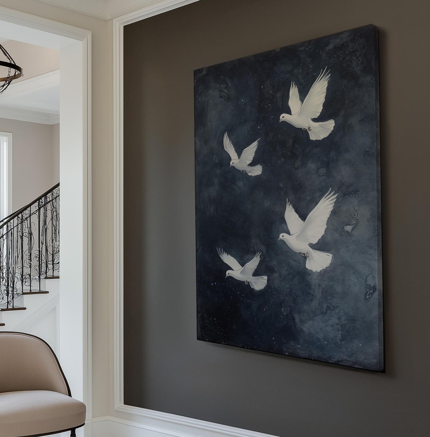 Flock of White Doves Vertical Peaceful Night, Vintage Flying Bird Canvas Print, Nature Calm Printed Canvas Art