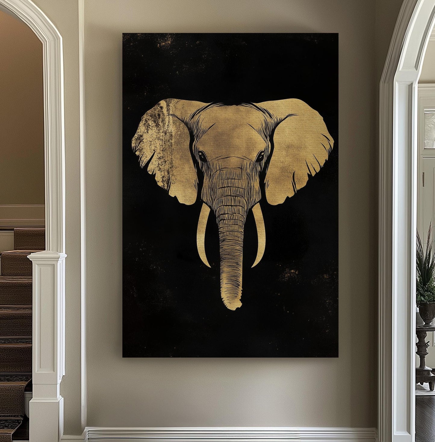 Golden Elephant Vertical African Elephant, Vintage Animal Lover Canvas Print, Boho Japandi Printed Canvas Art