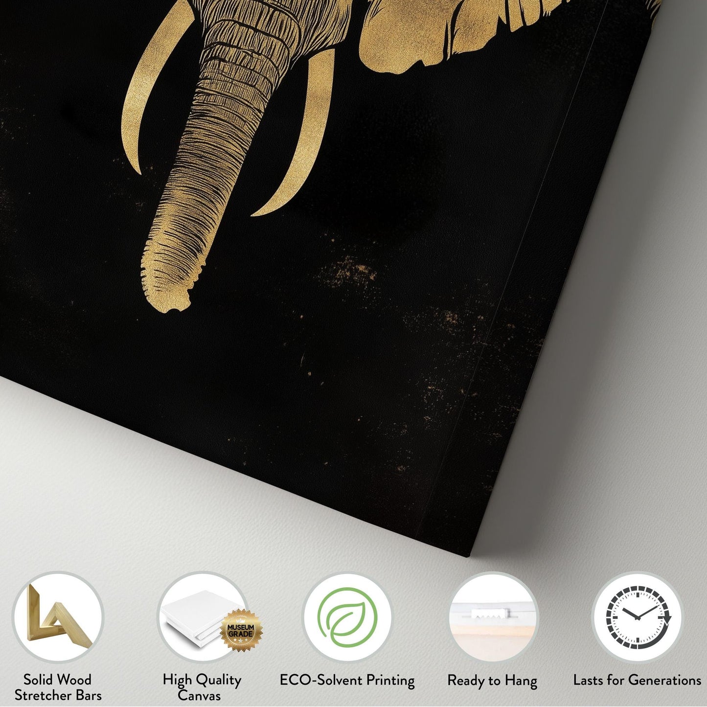 Golden Elephant Vertical African Elephant, Vintage Animal Lover Canvas Print, Boho Japandi Printed Canvas Art