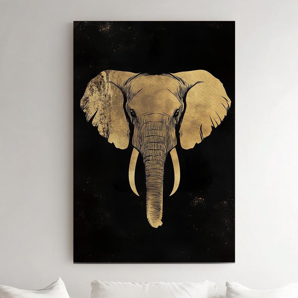 Golden Elephant Vertical African Elephant, Vintage Animal Lover Canvas Print, Boho Japandi Printed Canvas Art