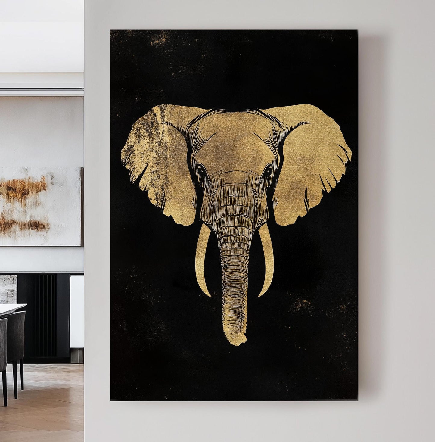 Golden Elephant Vertical African Elephant, Vintage Animal Lover Canvas Print, Boho Japandi Printed Canvas Art