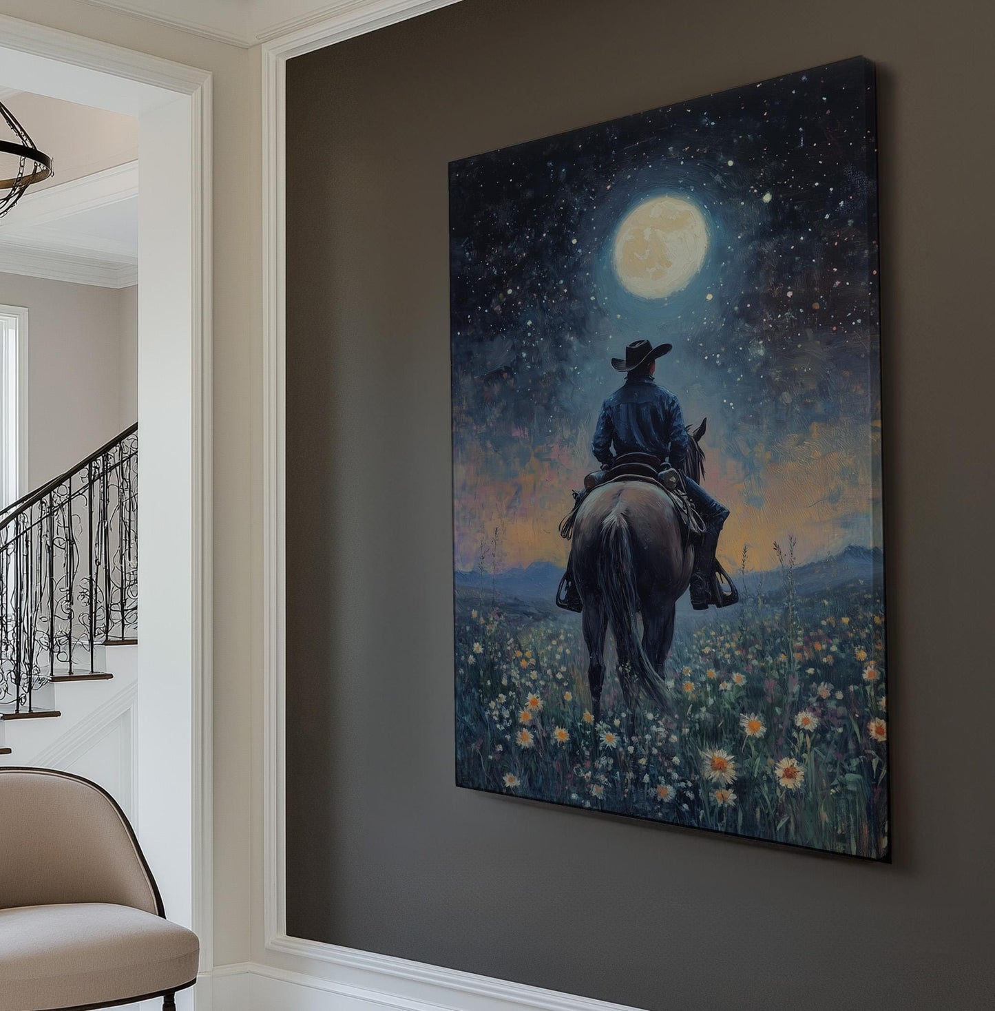 Lone Rider at Night Vertical Moonlit Landscape, Vintage Western Horizon Canvas Print, Country Serenity Printed Canvas Art