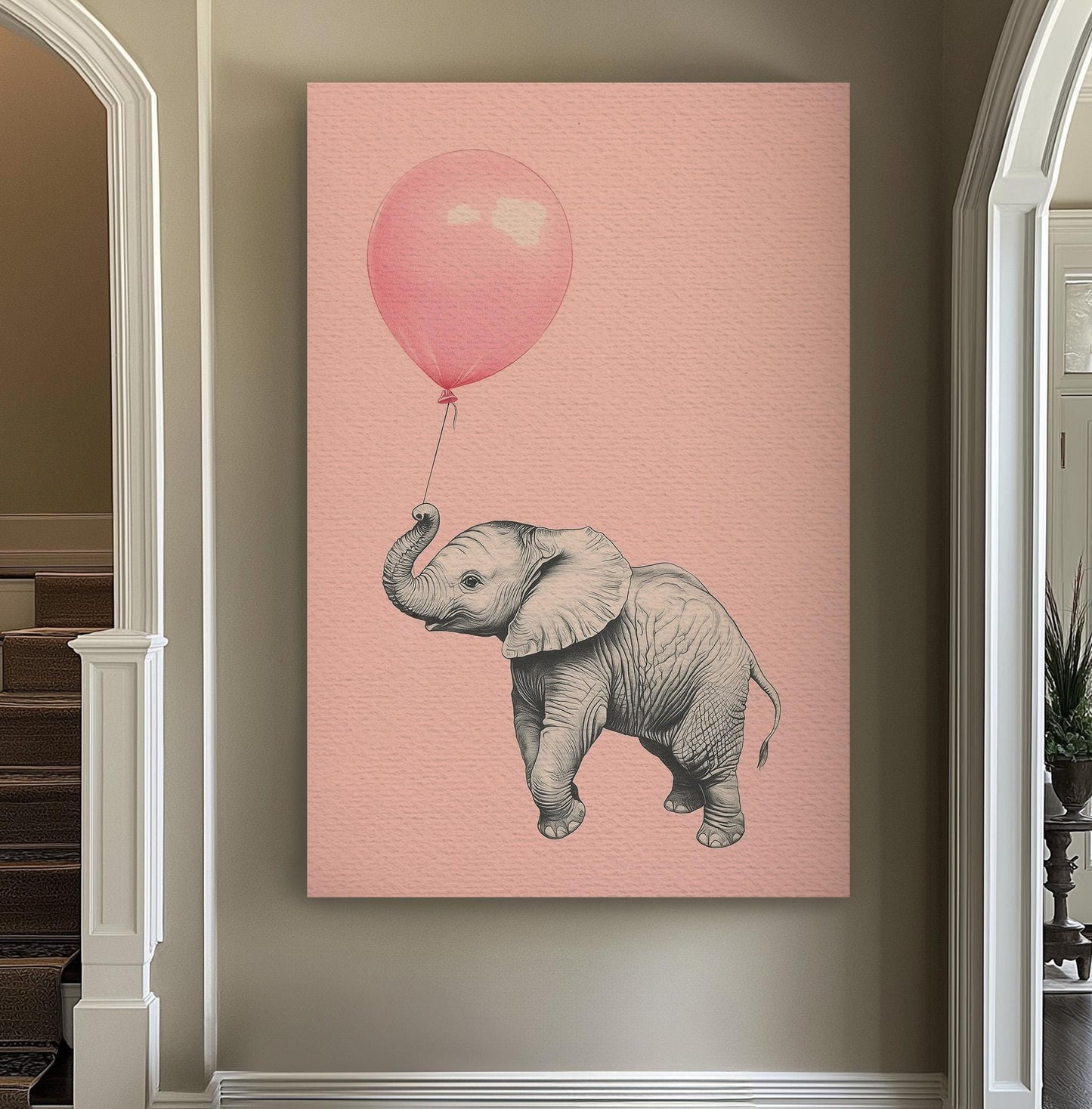 Nursery Flying Elephant Vertical African Elephant, Vintage Animal Lover Canvas Print, Boho Japandi Printed Canvas Art
