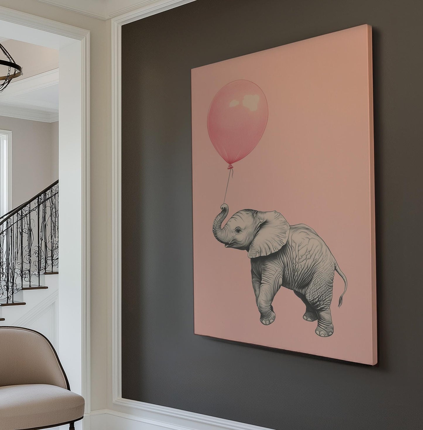 Nursery Flying Elephant Vertical African Elephant, Vintage Animal Lover Canvas Print, Boho Japandi Printed Canvas Art