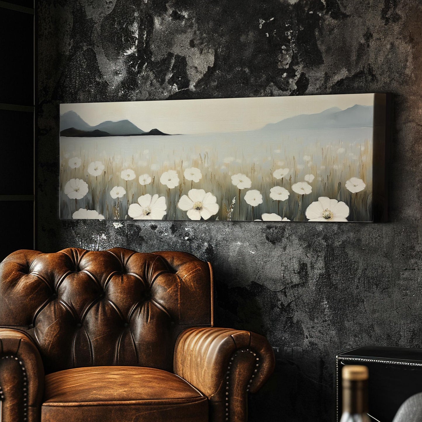 Coastal White Flower Field Panoramic Floral, Minimal Spring Vibes Canvas Print, Farmhouse Printed Canvas Art
