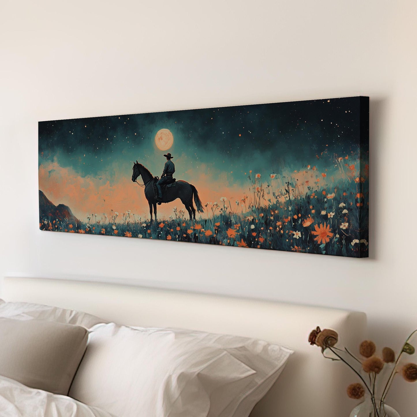 Cowboy At Full Moon Panoramic Western Country, Minimal Farmhouse Equestrian Canvas Print, Wild Riding Printed Canvas Art