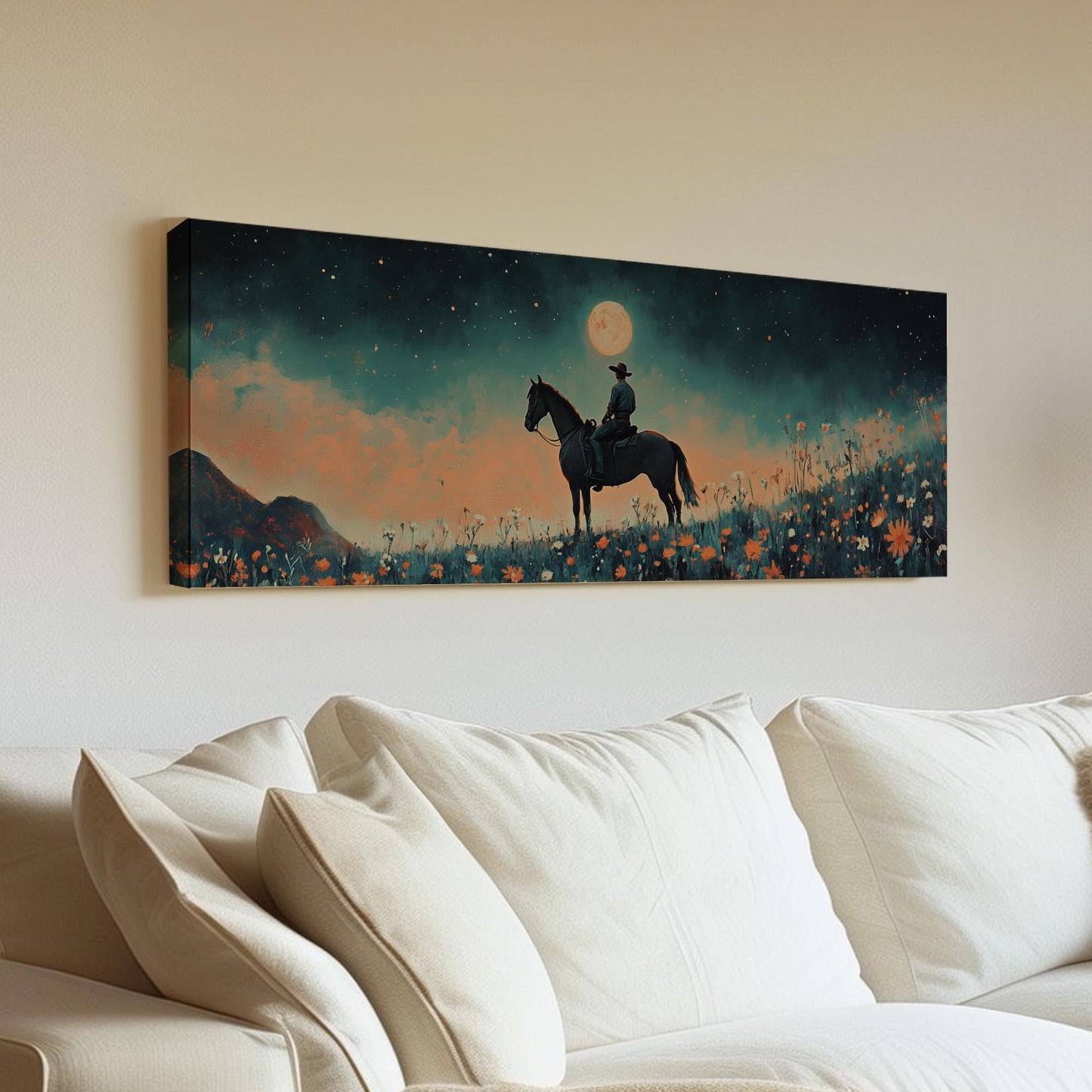 Cowboy At Full Moon Panoramic Western Country, Minimal Farmhouse Equestrian Canvas Print, Wild Riding Printed Canvas Art