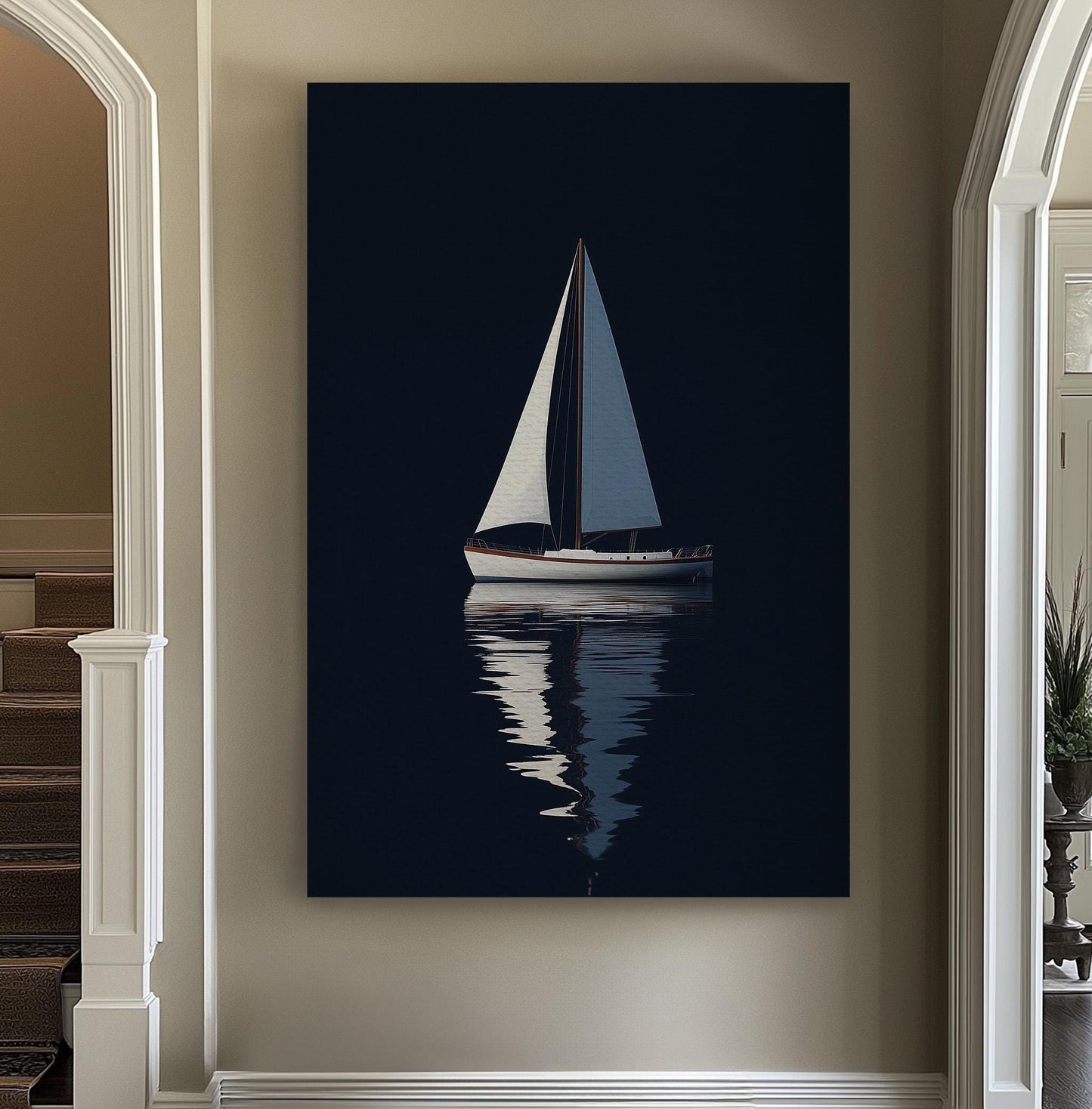 Sailboat At Night Vertical Nautical, Vintage Rustic Sea Canvas Print, Maritime Calm Printed Canvas Art