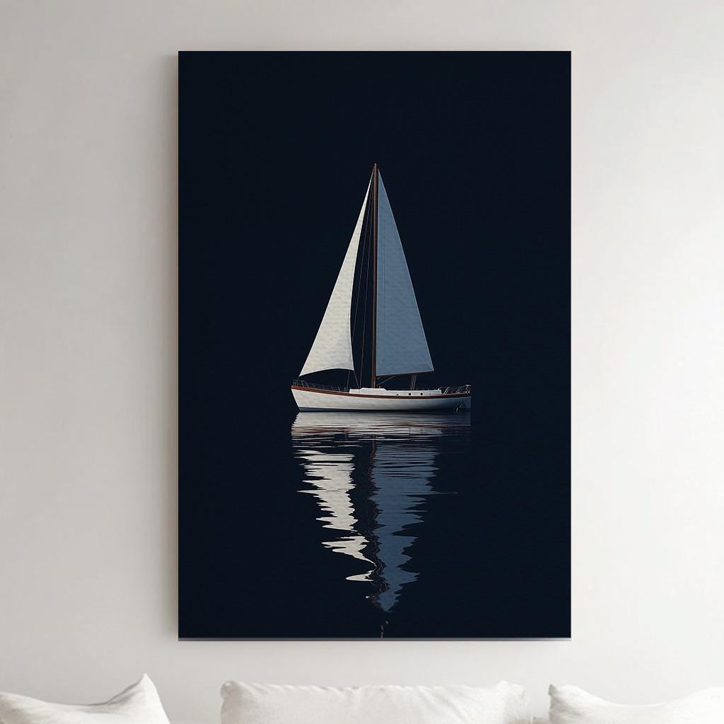 Sailboat At Night Vertical Nautical, Vintage Rustic Sea Canvas Print, Maritime Calm Printed Canvas Art
