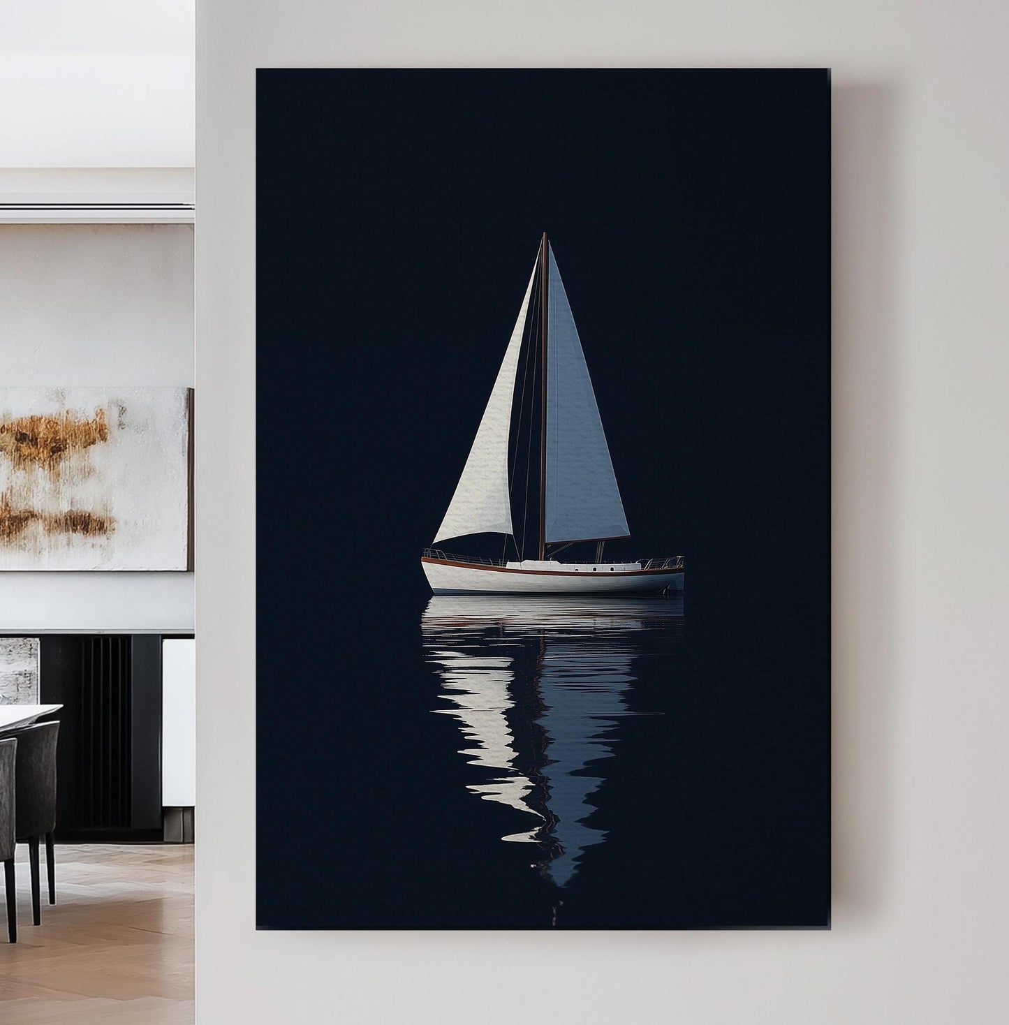 Sailboat At Night Vertical Nautical, Vintage Rustic Sea Canvas Print, Maritime Calm Printed Canvas Art