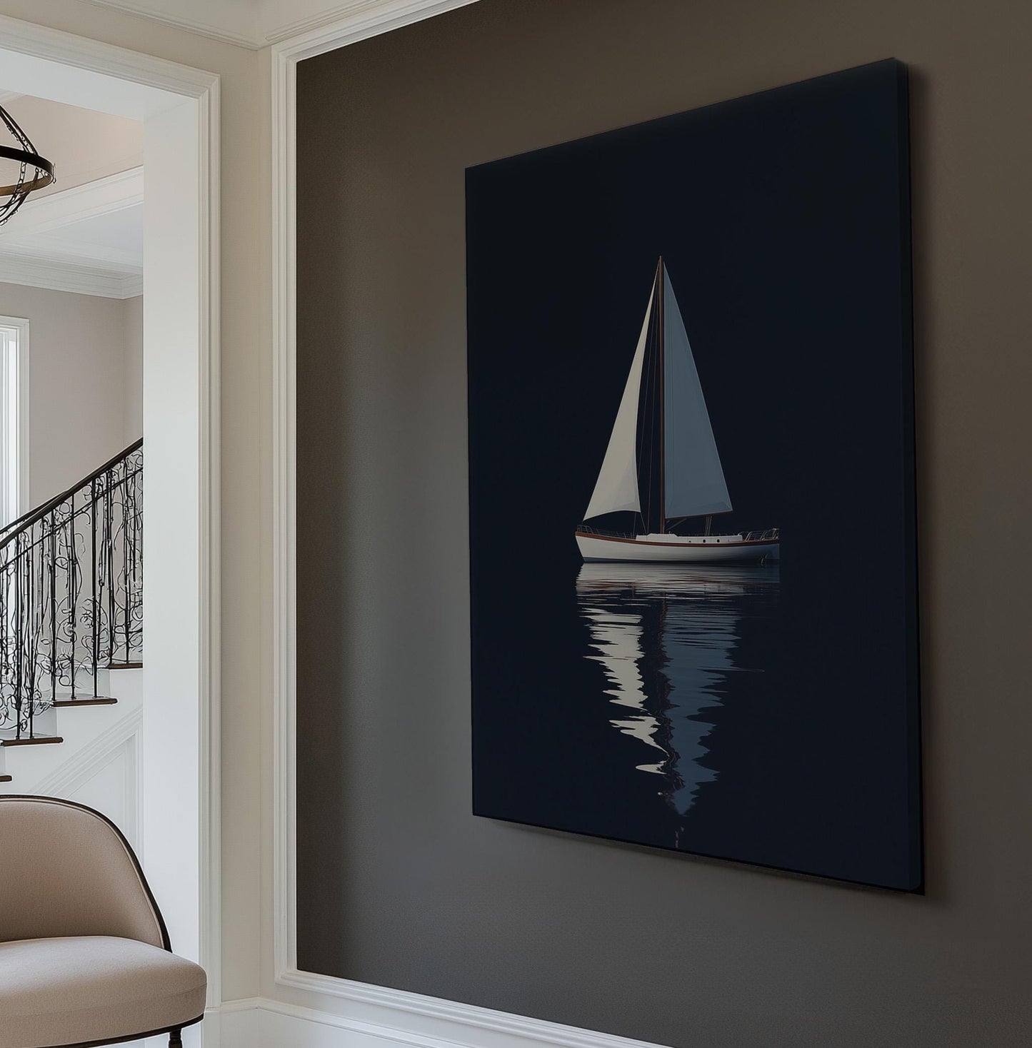 Sailboat At Night Vertical Nautical, Vintage Rustic Sea Canvas Print, Maritime Calm Printed Canvas Art