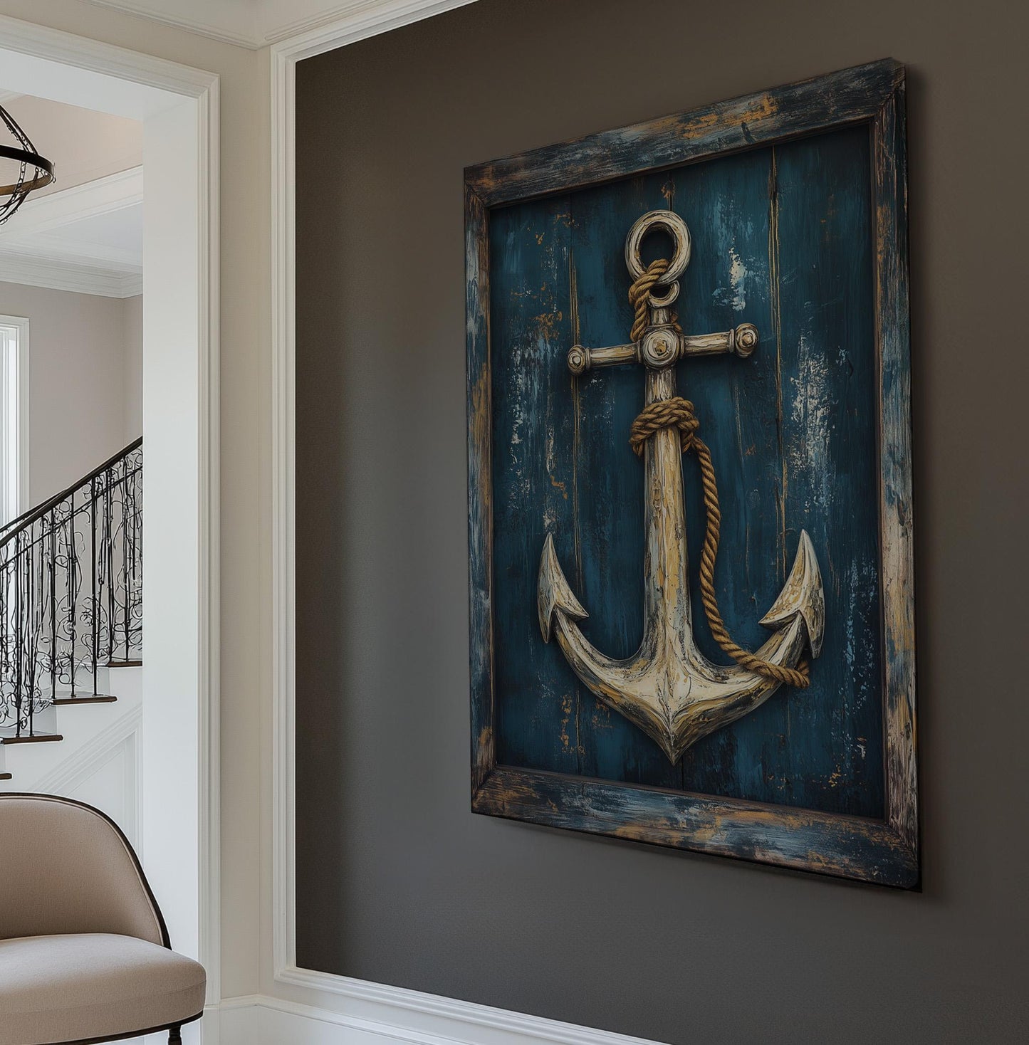 Wood Textured Anchor Vertical Coastal Nautical, Vintage Rustic Sea Canvas Print, Maritime Calm Printed Canvas Art