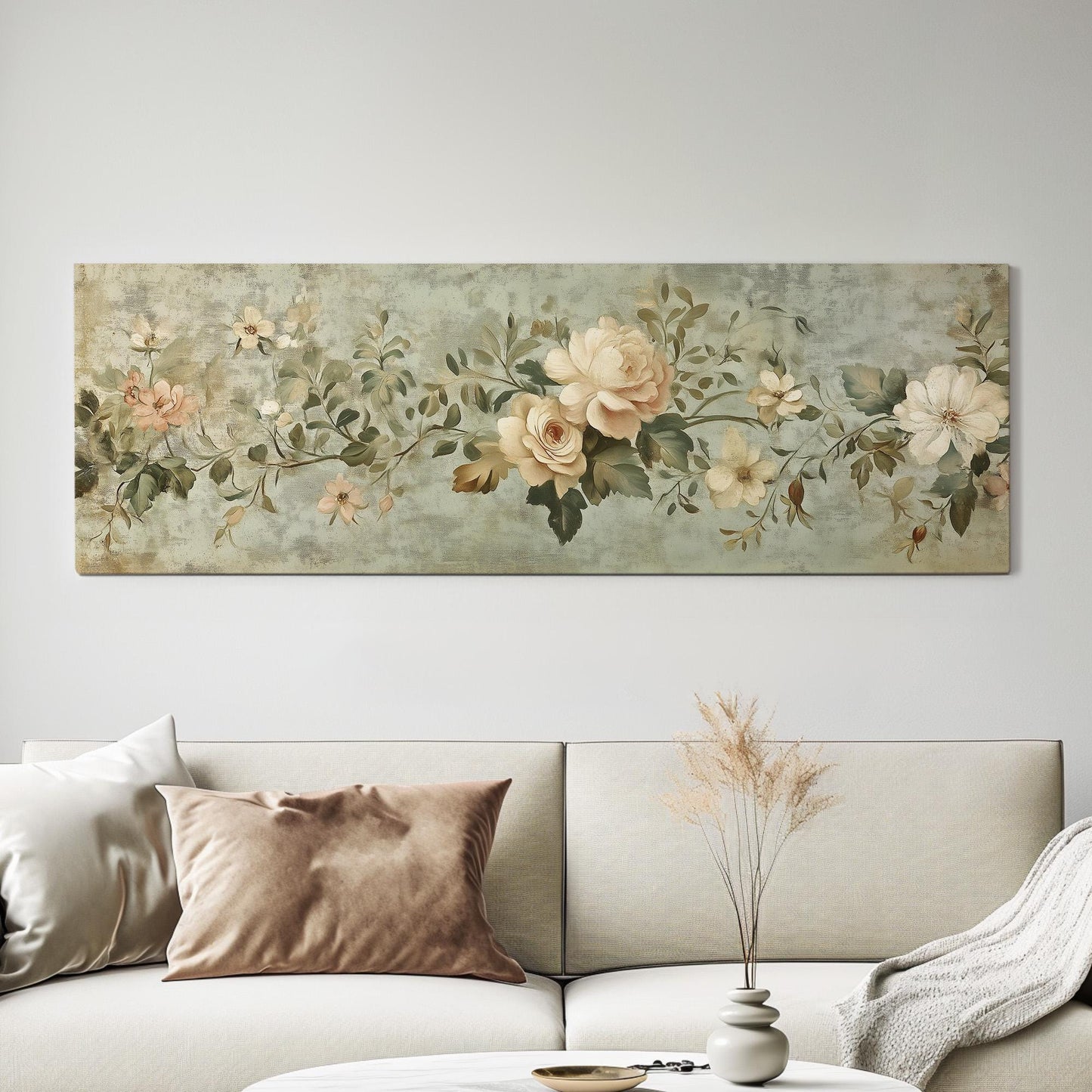 Antique Muted Flowers Panoramic Neutral Taperstry, Minimal Chrysanthemum Canvas Print, Floral Printed Canvas Art