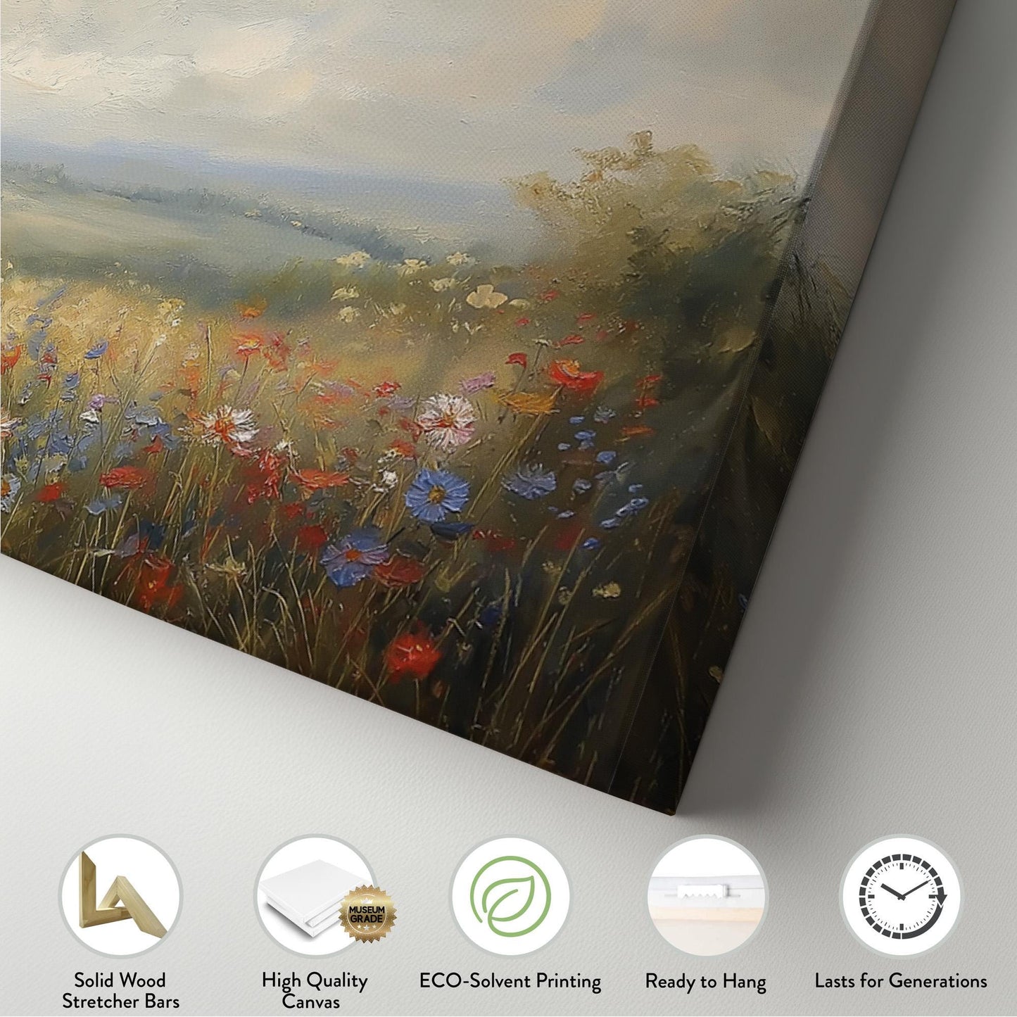 Colorful Flowers Spring Meadow Panoramic Wildflower Field, Minimal Muted Landscape Canvas Print, English Countryside Printed Canvas Art