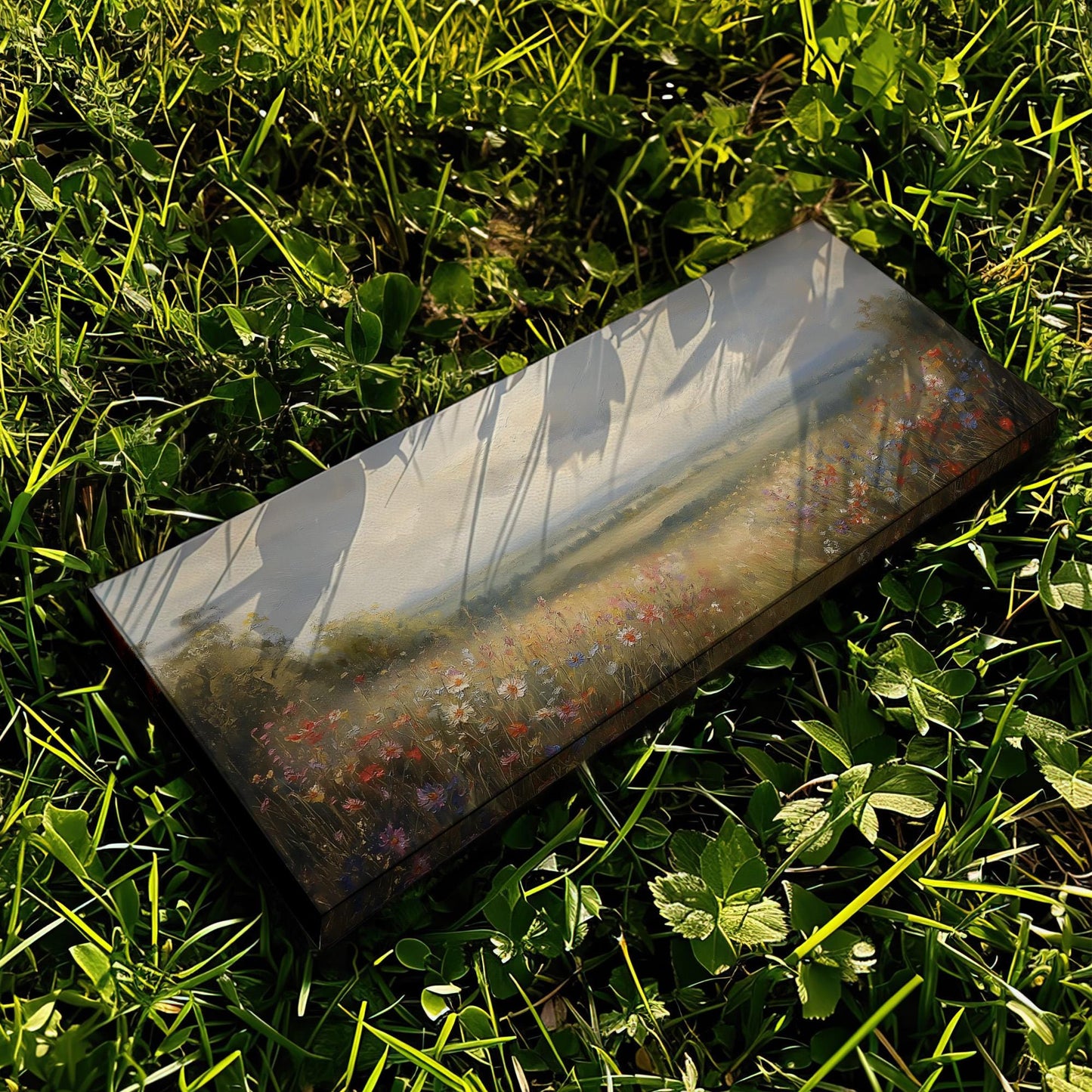 Colorful Flowers Spring Meadow Panoramic Wildflower Field, Minimal Muted Landscape Canvas Print, English Countryside Printed Canvas Art