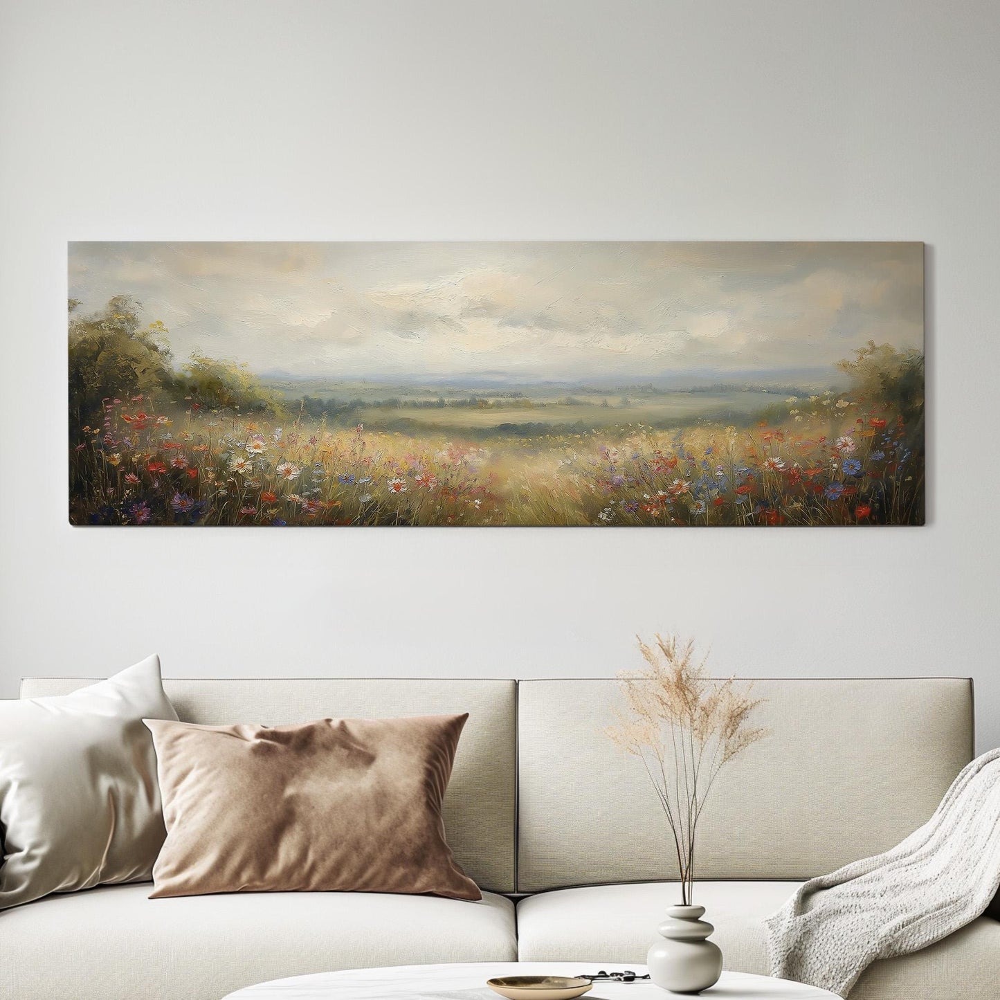 Colorful Flowers Spring Meadow Panoramic Wildflower Field, Minimal Muted Landscape Canvas Print, English Countryside Printed Canvas Art