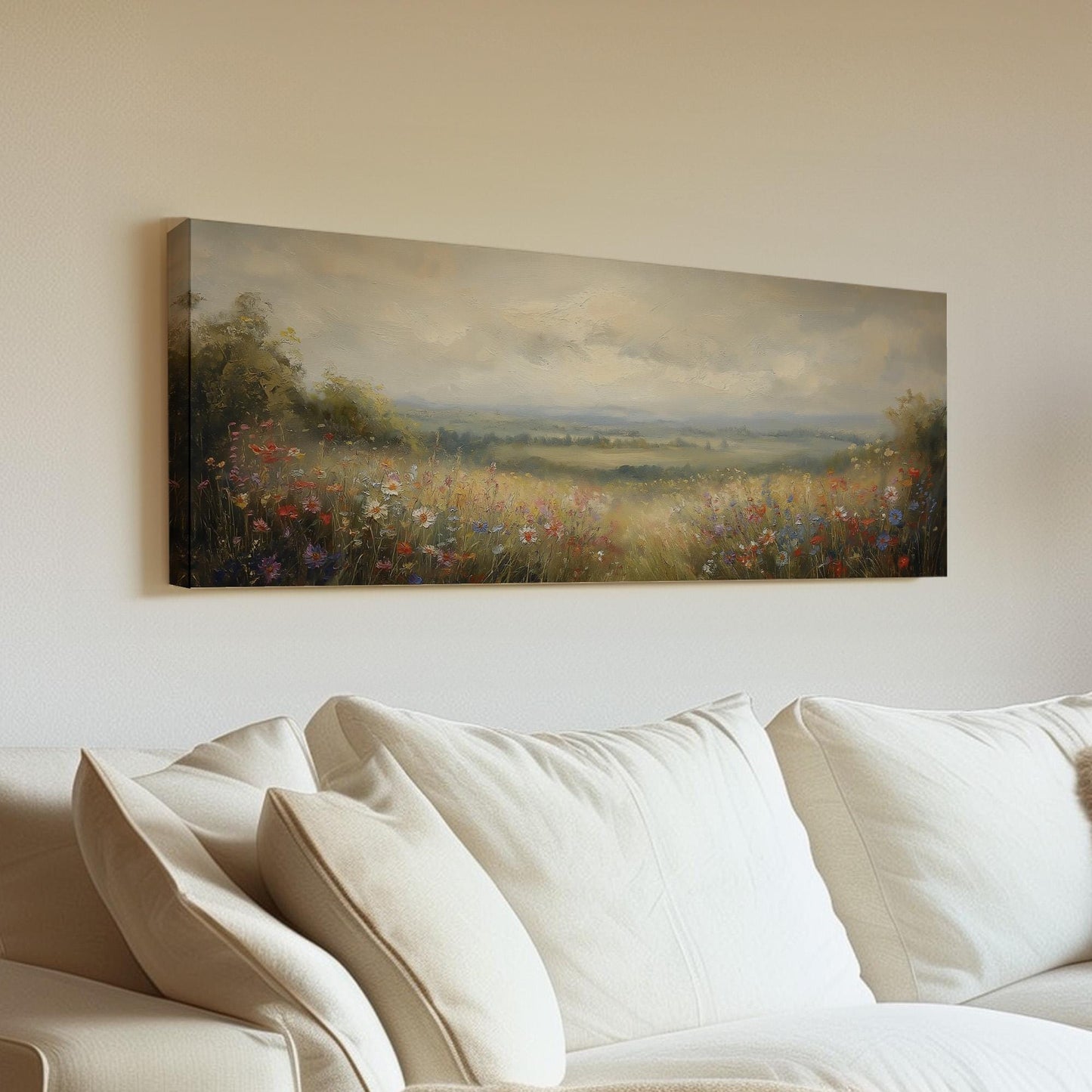Colorful Flowers Spring Meadow Panoramic Wildflower Field, Minimal Muted Landscape Canvas Print, English Countryside Printed Canvas Art
