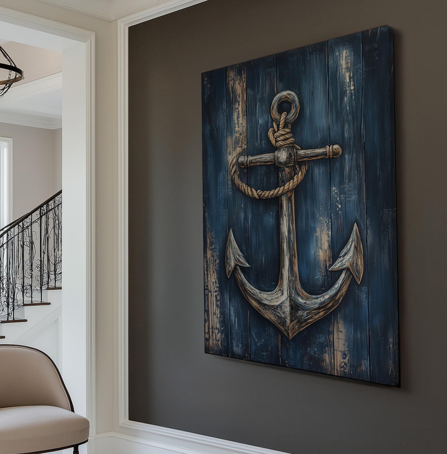 Ocean Anchor Wood Texture Vertical Coastal Nautical, Vintage Rustic Sea Canvas Print, Maritime Calm Printed Canvas Art