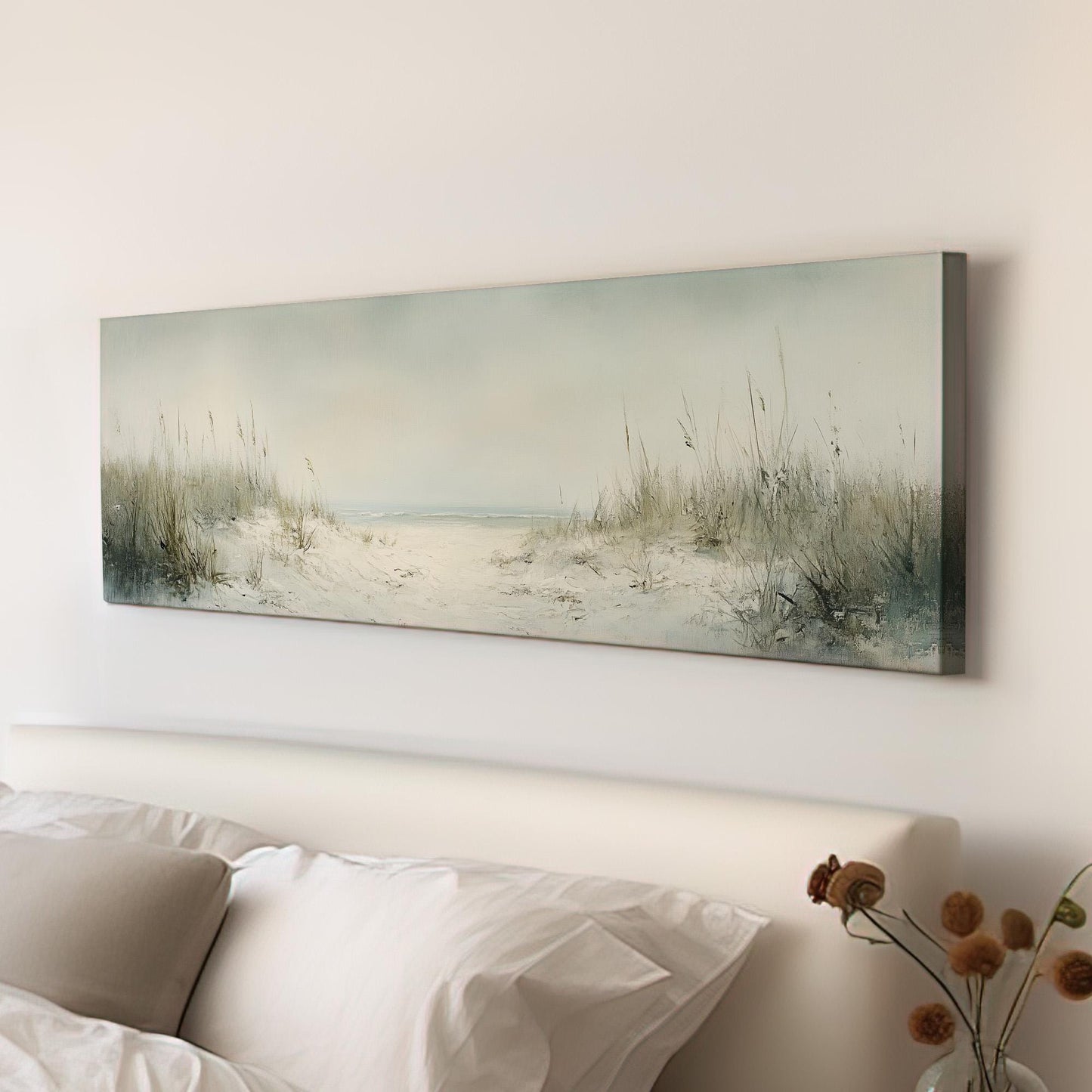Dunes on the Muted Beach Panoramic Sandy Shore, Minimal Nautical Art Canvas Print, Coastal Sunset Printed Canvas Art