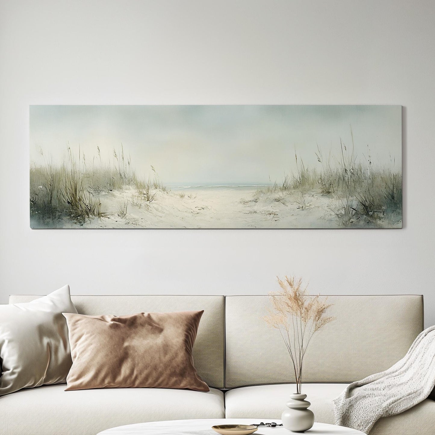 Dunes on the Muted Beach Panoramic Sandy Shore, Minimal Nautical Art Canvas Print, Coastal Sunset Printed Canvas Art