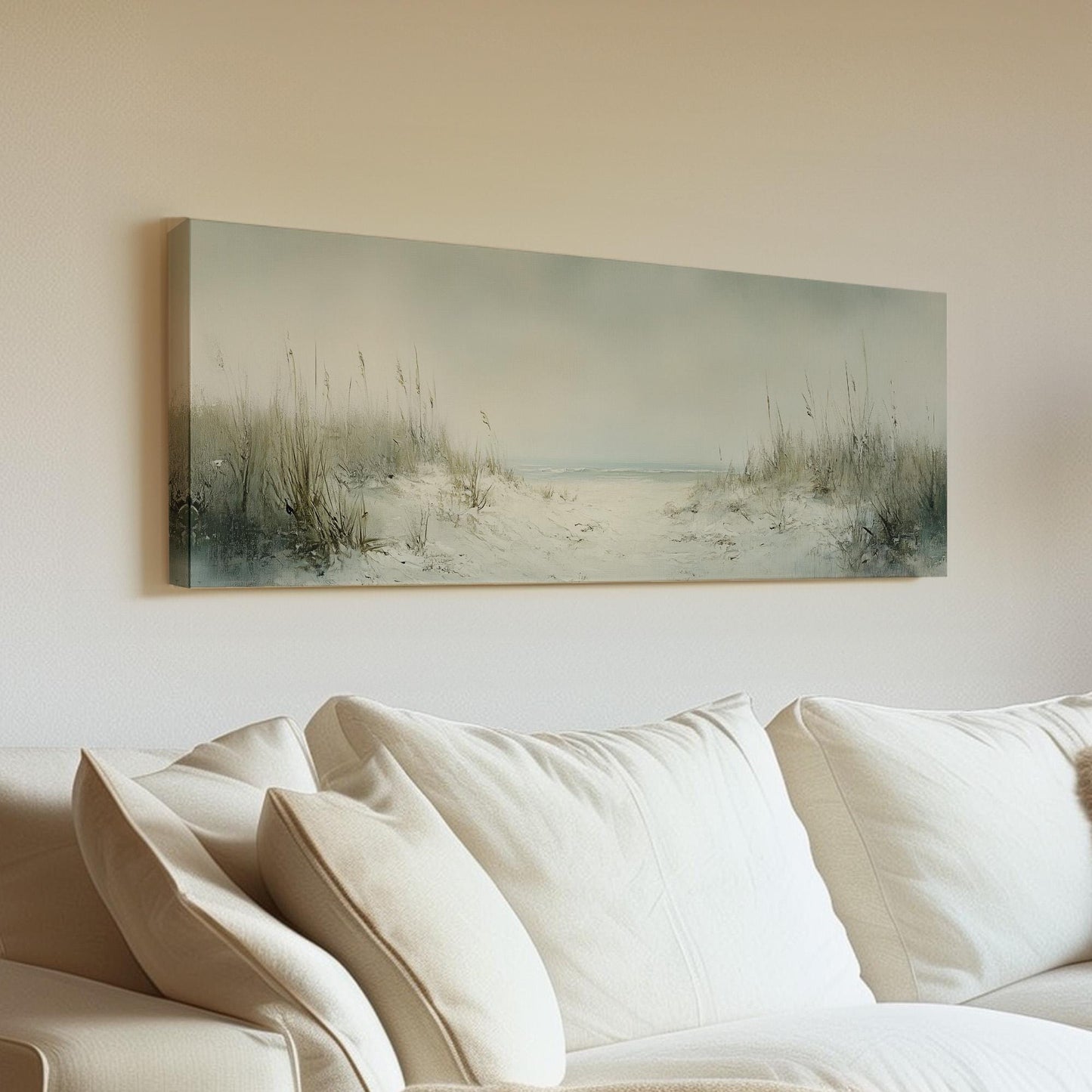 Dunes on the Muted Beach Panoramic Sandy Shore, Minimal Nautical Art Canvas Print, Coastal Sunset Printed Canvas Art